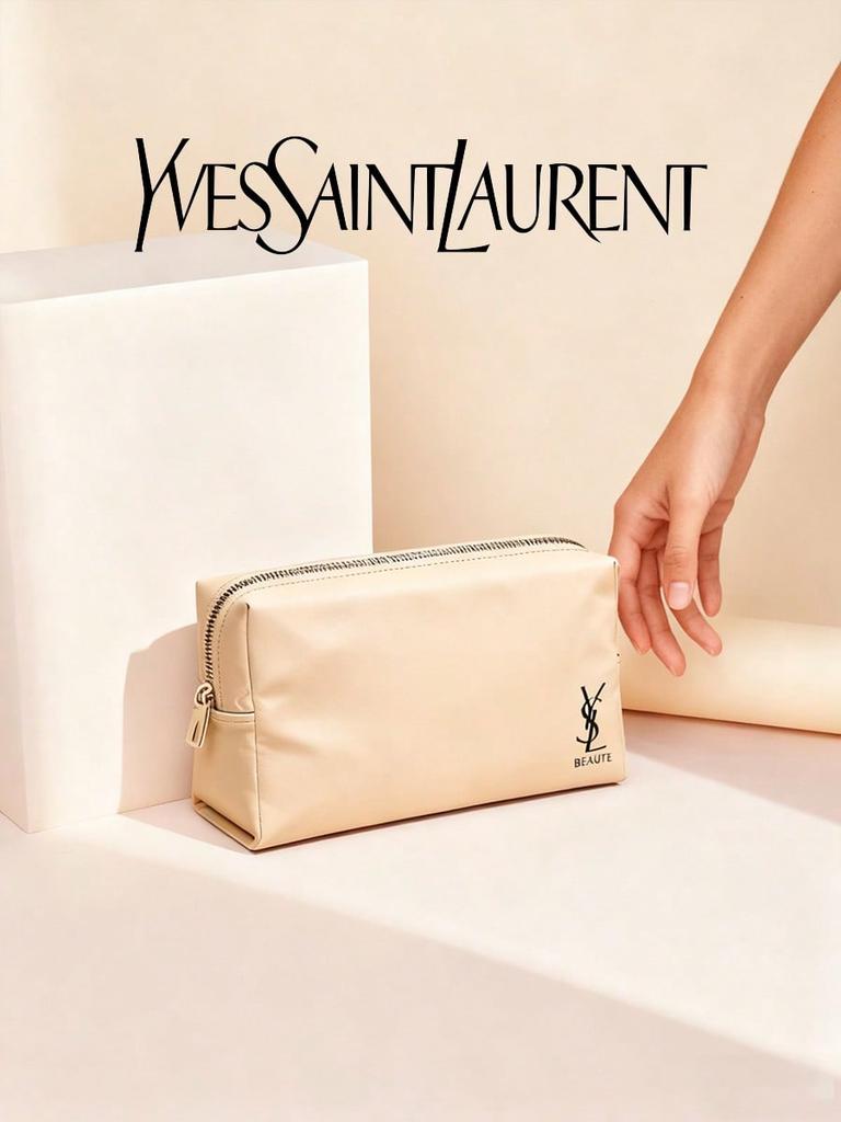 YSL Brown Leather Makeup Bag - Shiny and Bright, Elegant and Fashionable, Easy To Carry, Must-have for Travel