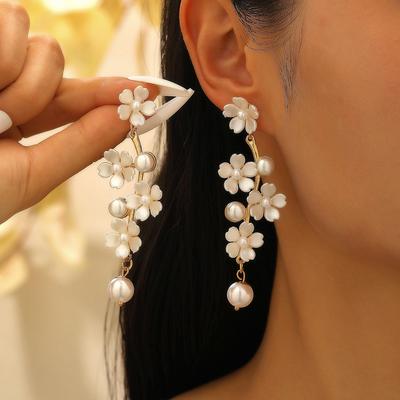 Bohemian Fashion Romance Fairy Princess Style Imitation Pearl Long Bead Flower Tassel Elegant Earrings For Women