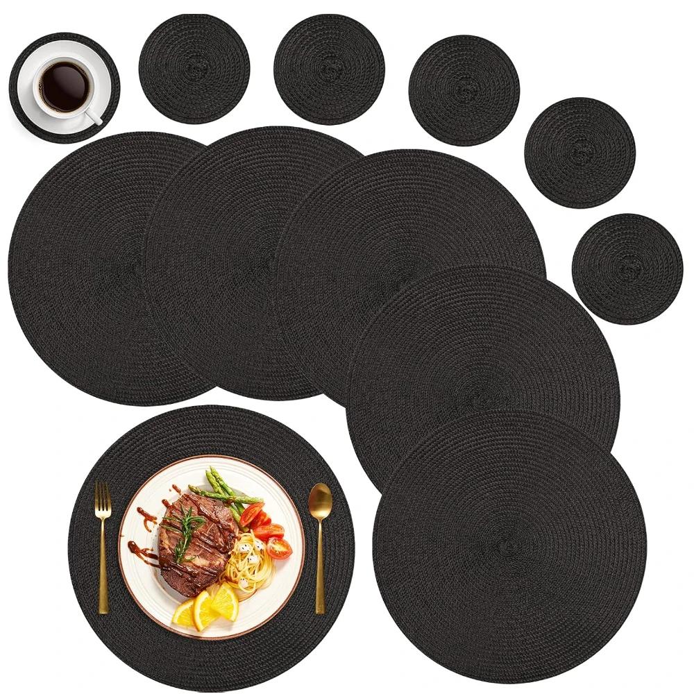6Pcs Round Table Mat and Cup Coasters Set Woven Ramie Placemats Anti Slip Dining Placemats Non-Slip Tableware Bowl Pads Kitchen