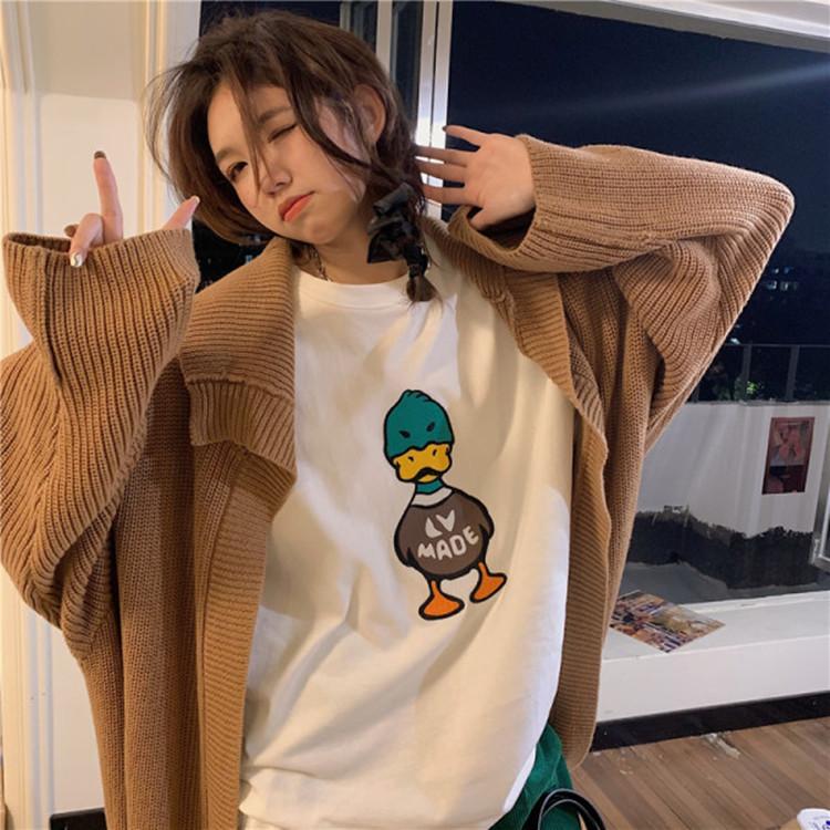 

Футболка с забавным мультяшным принтом, черный топ из чистого хлопка с короткими рукавами для женщин на весну и лето, свободная базовая рубашка с круглым вырезом XXXL белый