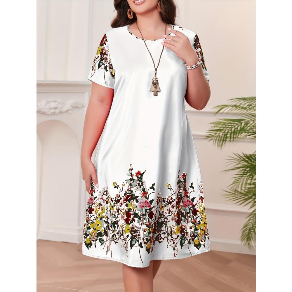 Big Size Women's Dress 3D Vintage Floral Summer Short Sleeve round Neck Casual Dress