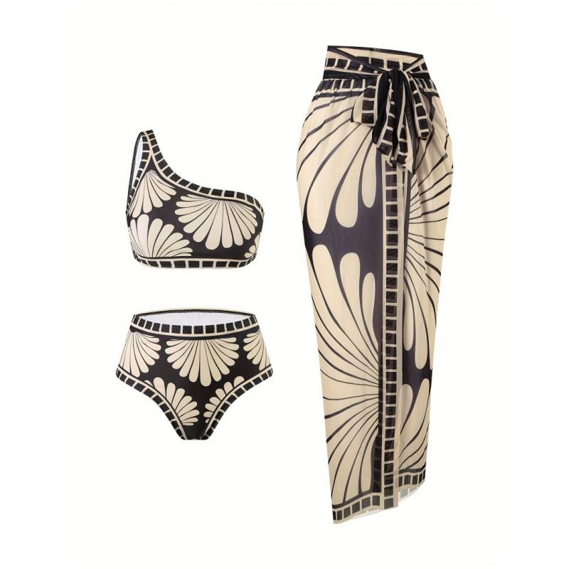 2026 Womens Printed One-Shoulder Triangle Top With Skirted Bottoms Cover-Up Set Swimwear