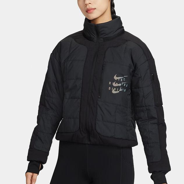 Nike Solid Color Stand Collar Zipper Casual Cotton Jacket Women Jackets Black FB7822-010