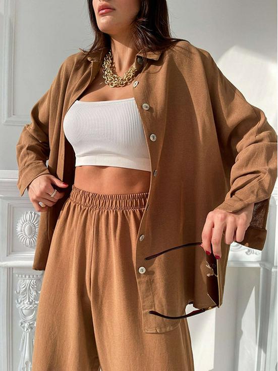 2024 Frühling Zweiteiler: Einfarbiges Revershemd & Harems-Hose