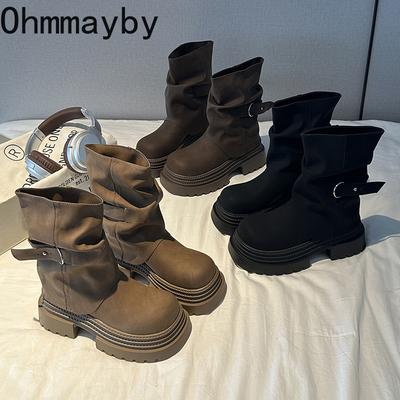 Men Women Winter Spring Autumn Boots Platform Vintage Thick Bottom Ankle Fashion Belt Buckle Female Trouser Legs Short Booties
