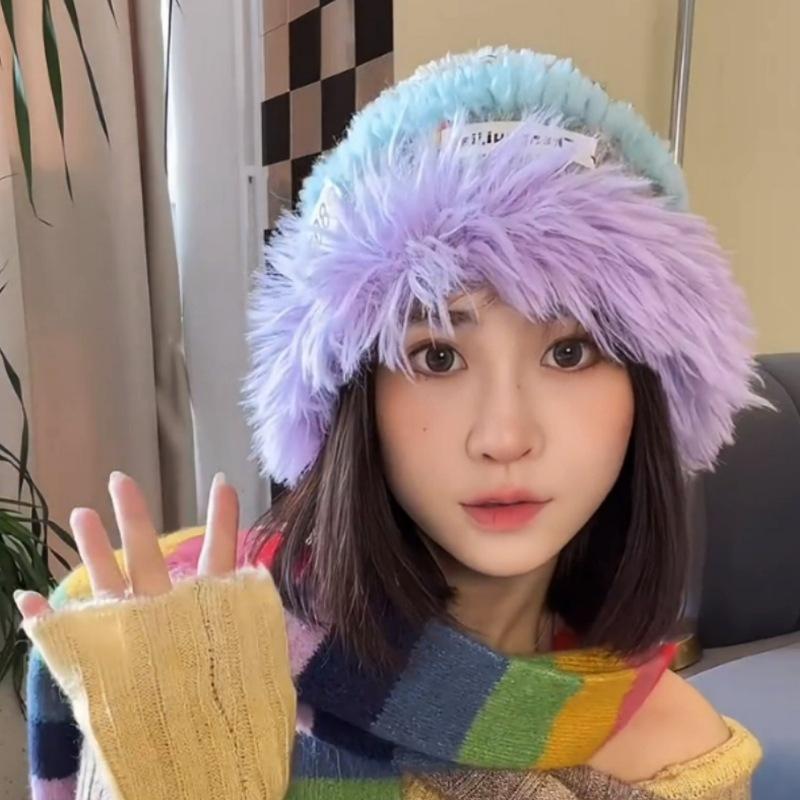 

Dopamine contrasting color plush knitted hat children s autumn and winter new wool hat thermal ear protection bag head basin hat adult (55-58cm)