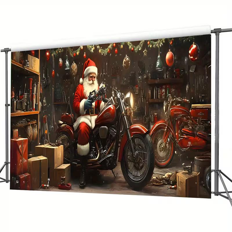 2D Santa Claus in Motorcycle Garage Door Cover Holiday Decoration