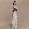 Halter Neck Deep V-Neck Polka Dot Maxi Dress with Lace Detailing