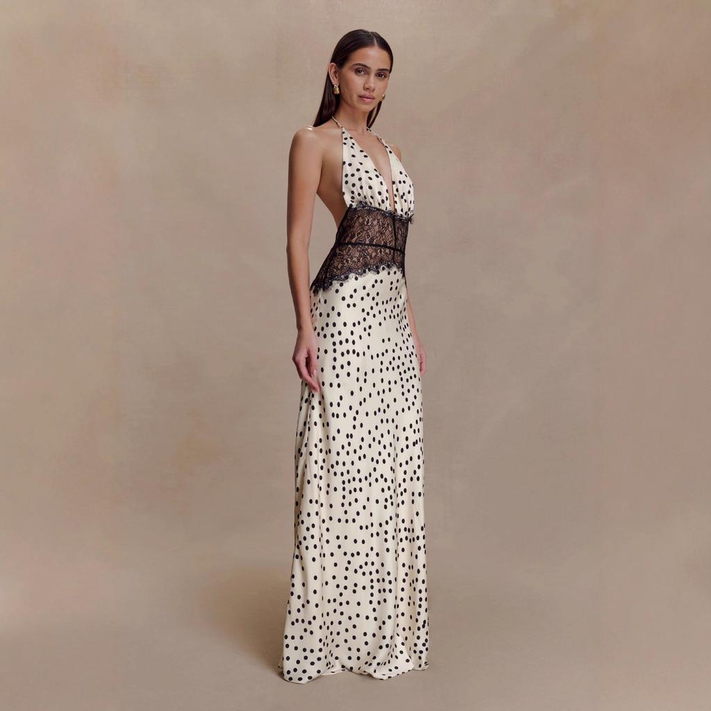 Halter Neck Deep V-Neck Polka Dot Maxi Dress with Lace Detailing