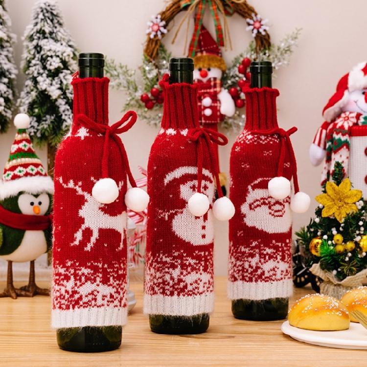 Set of 3 Festival Knitted Wine Bottle Sleeves With Gradual Color Featuring Santa, Snowmans, and Reindeers Wine Bottle Cover