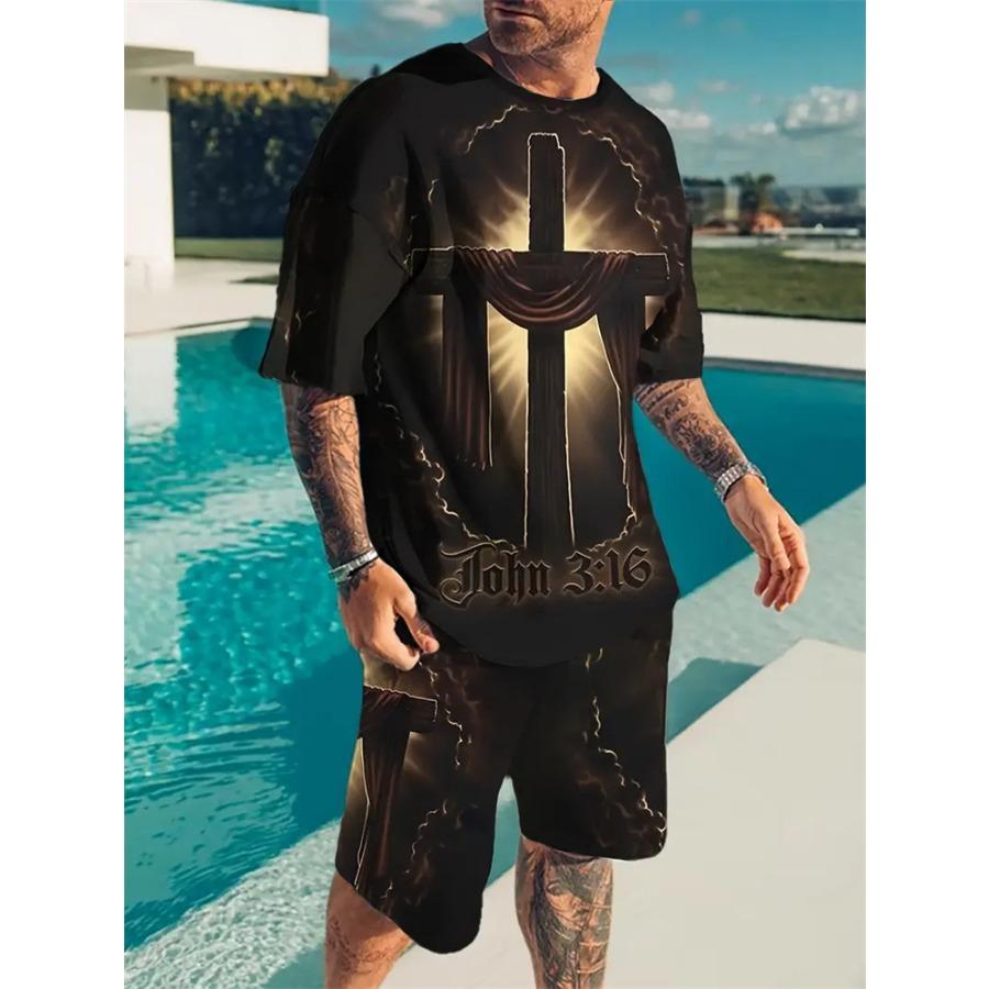 Móda Nový Pánský oblek větší velikosti Cross Jesus Oblek s potiskem Léto Cool Prodyšný Krátký rukáv Šortky se stahovací šňůrkou Šortky Faith Oblečení