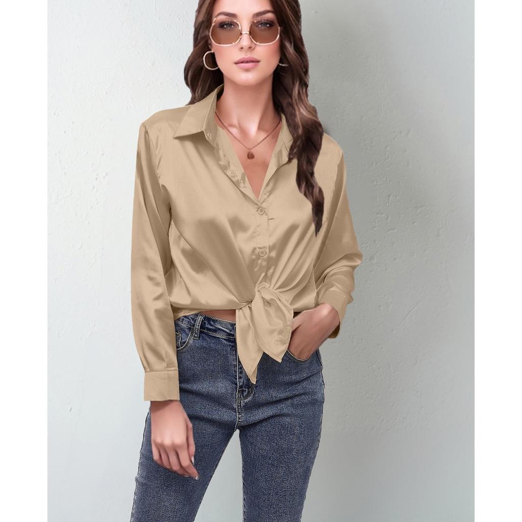 Flip Collar Pleated Long Sleeved Women's Satin Shirt, Elegant and Slim Fit, Suitable for Commuting To Work