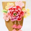 Hagoita Hair Ornament Peach and Peony with 21cm for Girls Tsumami-zaiku Hagoita, Design, 3-59, Stand, Tall,