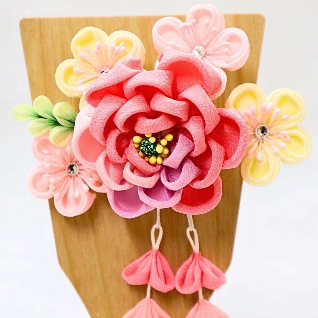 Hagoita Hair Ornament Peach and Peony with 21cm for Girls Tsumami-zaiku Hagoita, Design, 3-59, Stand, Tall,
