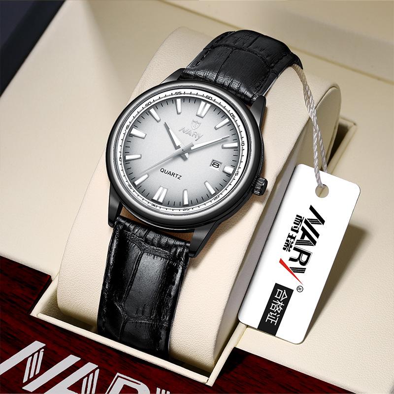 NARY Men s Business Watch: Large Round Dial, Waterproof with Calendar, Leather Strap 6153