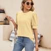 Women Button Puff Sleeve O Neck Breathable Solid Color Pullover T Shirt Blouse Top