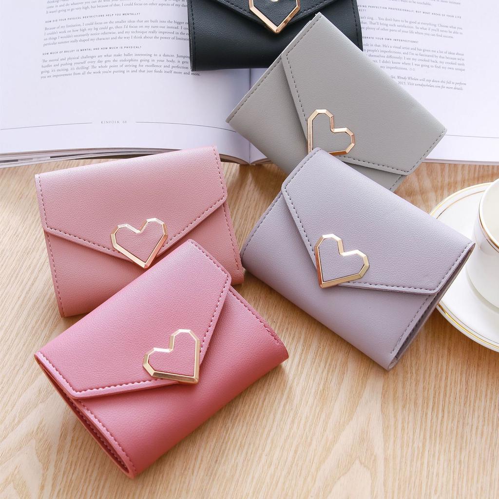 Women Elements Heart Hasp Short Wallet Simple Multifunctional Large Capacity Card Holder for Girls Student Coin Money Card Purse