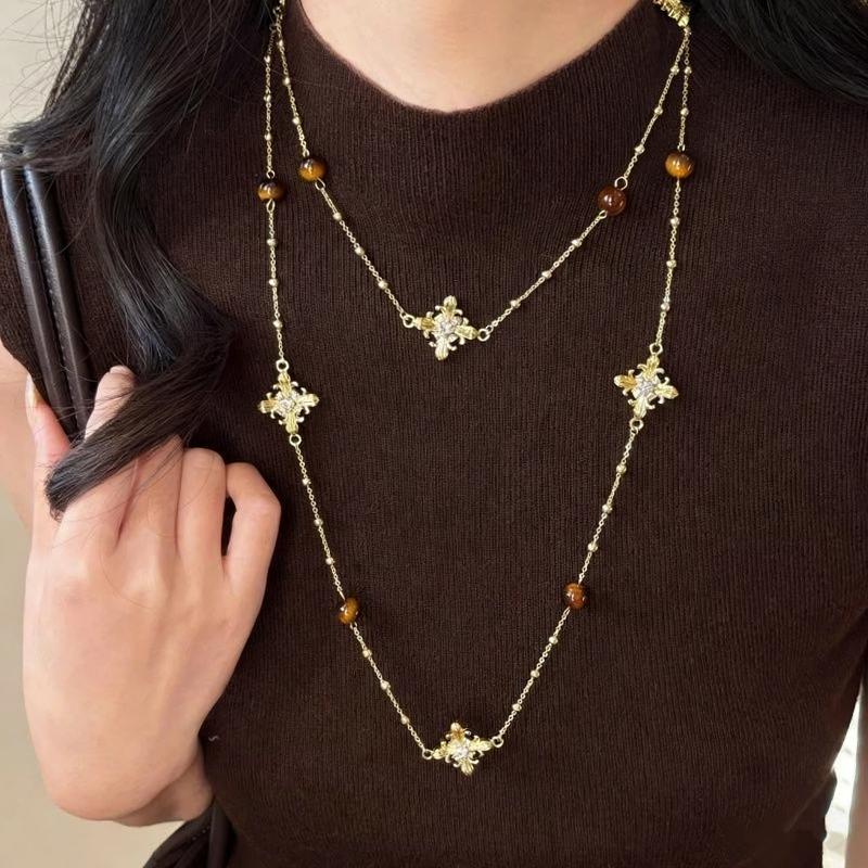 1Pcs Retro Stackable Glass Bead Sweater Neck Chain Multi-layer Tiger's Eye Stone Necklaces For Women Charms Jewelry Gifts