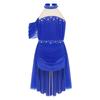 Girls Performance Dress Lyrical Costume Halter Backless Cutout Back Rhinestone Detail Ruched Mesh Draped Skirt