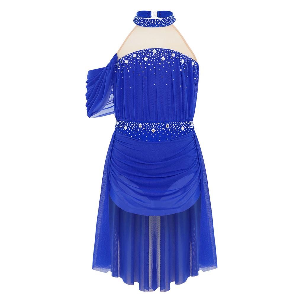 Girls Performance Dress Lyrical Costume Halter Backless Cutout Back Rhinestone Detail Ruched Mesh Draped Skirt