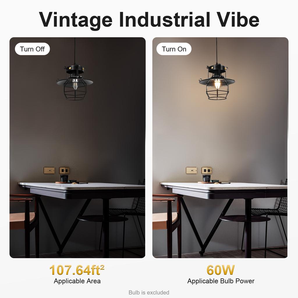 Industrial Cage Pendant Light Black, Kitchen Island Lighting, E26/E27 Bulb, Adjustable Cord, for Cafe Home Dining Room
