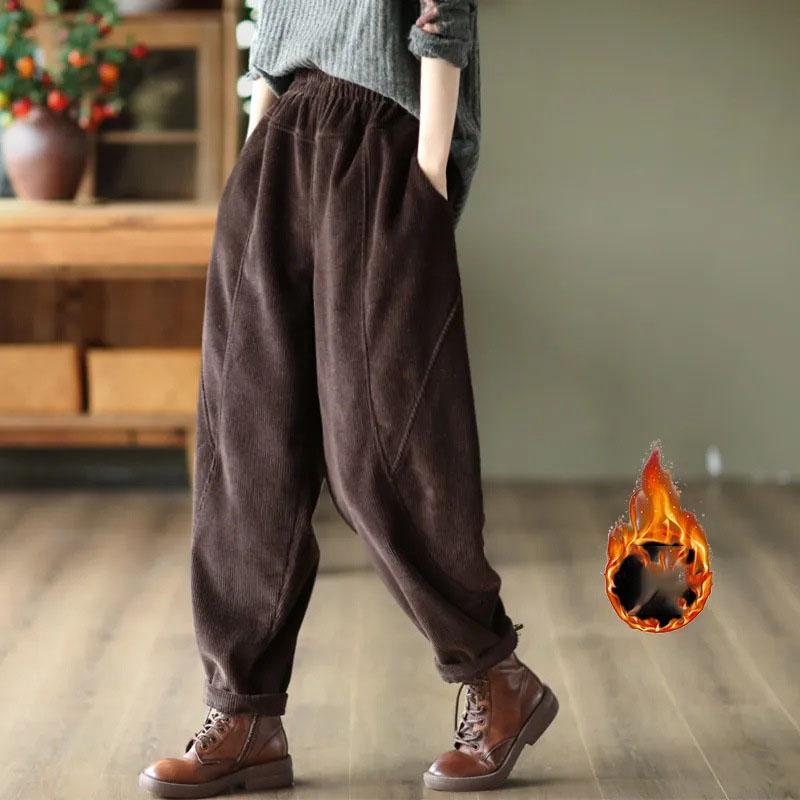 

Вельветовые брюки осень-зима повседневные с высокой талией теплые женские панталоны винтажные брюки-джоггеры длиной до щиколотки модные брюки M кофейный