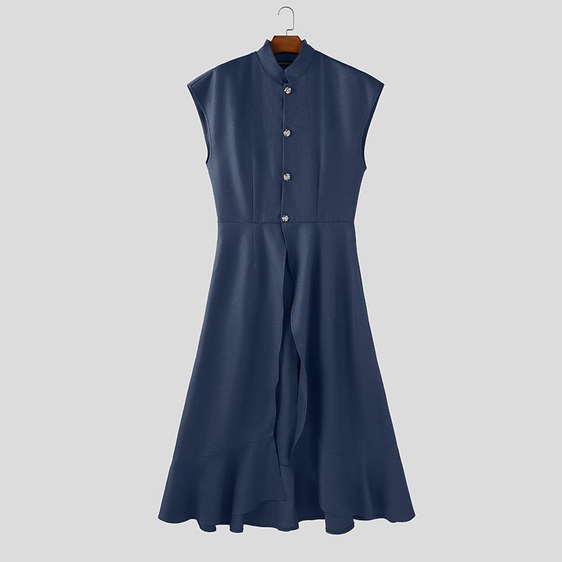 INCERUN Men Stand Neck Sleeveless Splits Irregular Casual Pleated Long Waistcoats