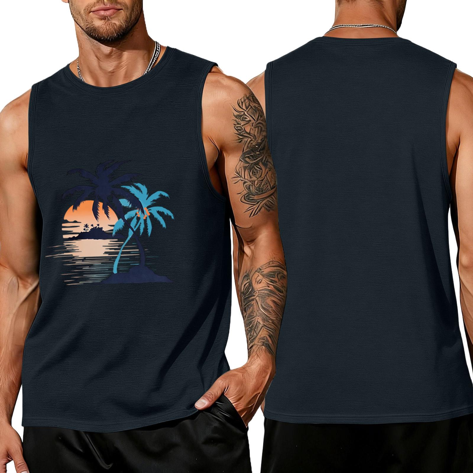 Men s loose and casual Hawaiian print sleeveless shirt L