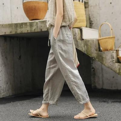 Women's Summer Linen  Loose Pocket Elastic Waist Wide Leg Retro Literary Casual Ninth Pants Suit Pants