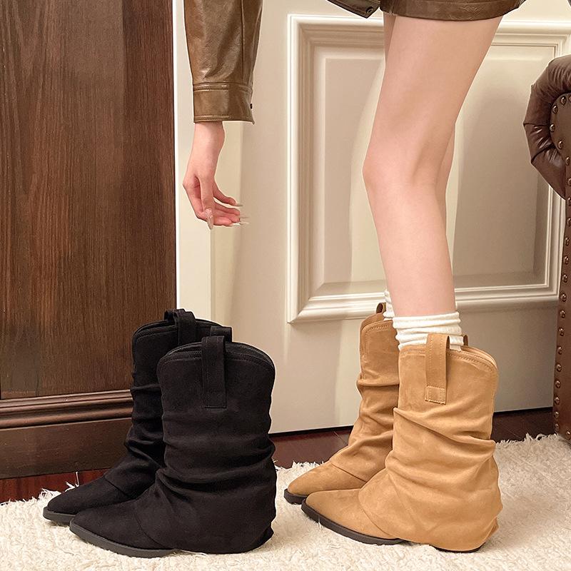 Yueyu versatile thick heel pointed trouser tube boots fried street small short boots women's spring and autumn 2025 new hot girls pile boots