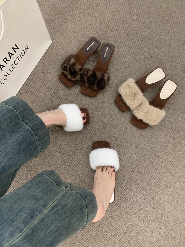French evening breeze with fluffy slippers for women's outerwear 2025 new kitten and mink hair high-heeled sandals