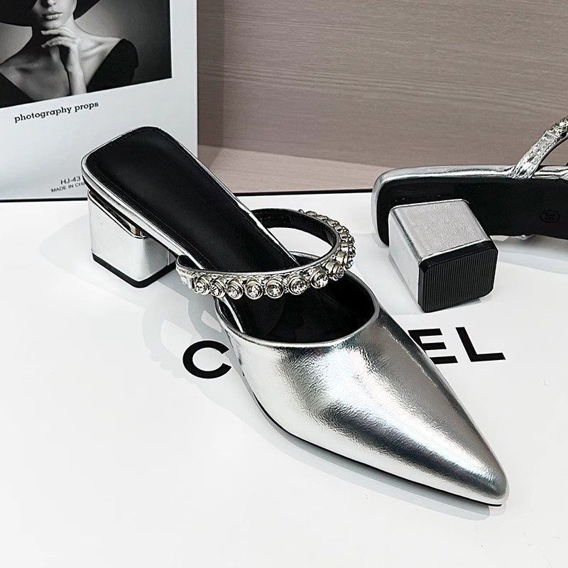 2025 summer wear thick high heels pointed temperament silver bag head half slippers new French high-end cool slippers women