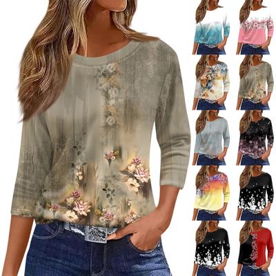 Tricou de damă Tricou la modă Casual Gât rotund 3/4 Mâneci Tricou imprimat liber Top de damă