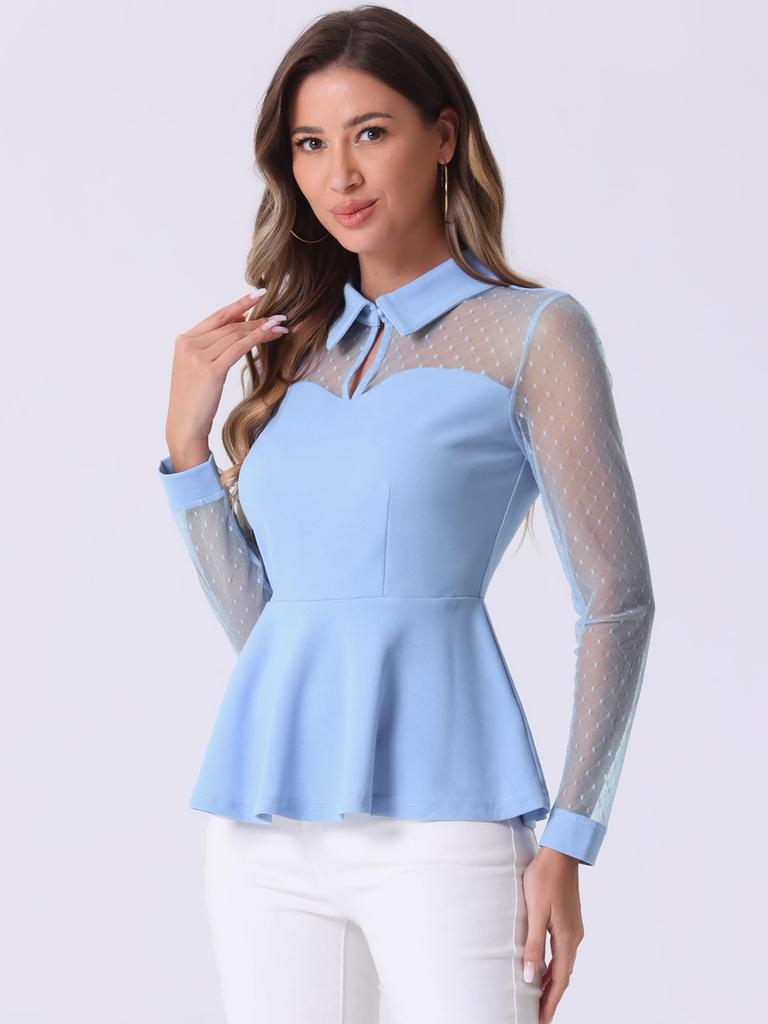 Allegra K Round Collar Blouse with Long Mesh Peplum Sexy Polka Dot Slimming Shirt for Office Light Size XL Women's See-Through Sleeves, Top, Shirt,
