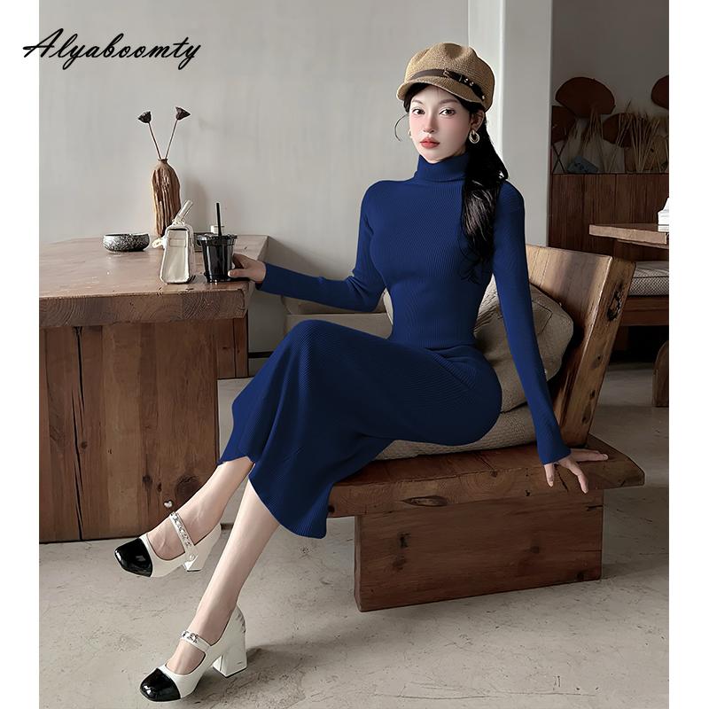 Herbst Winter Damen Pullover Midi Kleid Rollkragen Schwarz Blau Strickkleid Gestrickt Elegant Büro Dame A-Linien Kleid Mit Gürtel