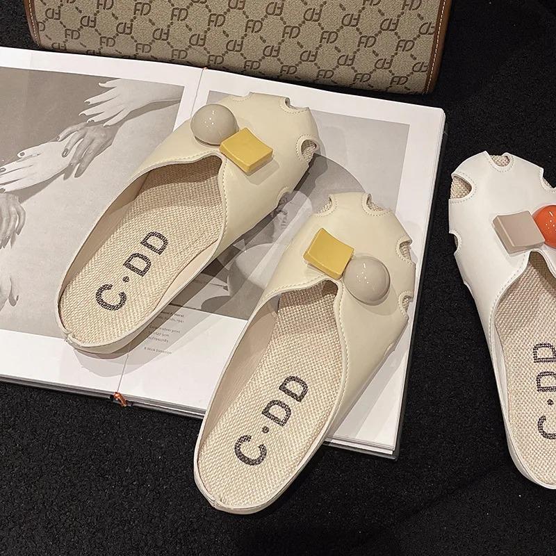 Fashion Shoes Women Loafers Slippers Summer Slides Low String Bead Pantofle Cover Toe Soft 2025 Flat Casual Rome Fabric Rubber Hoof Hee