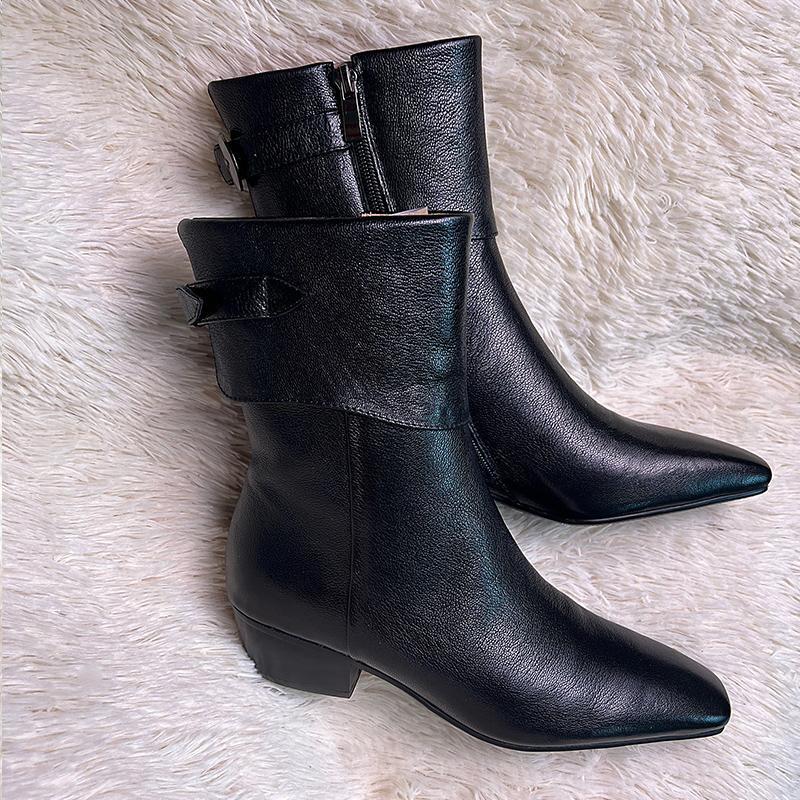 Women's Genuine Sheepskin Ankle Boots, Flat Low Heel, Soft Leather, with Fleece, Suitable for Autumn/Winter