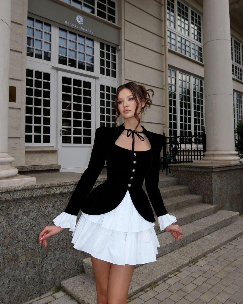 Spring 2025 Women's High-Waisted Lace-Up Two-Piece Irregular Long-Sleeve Dress