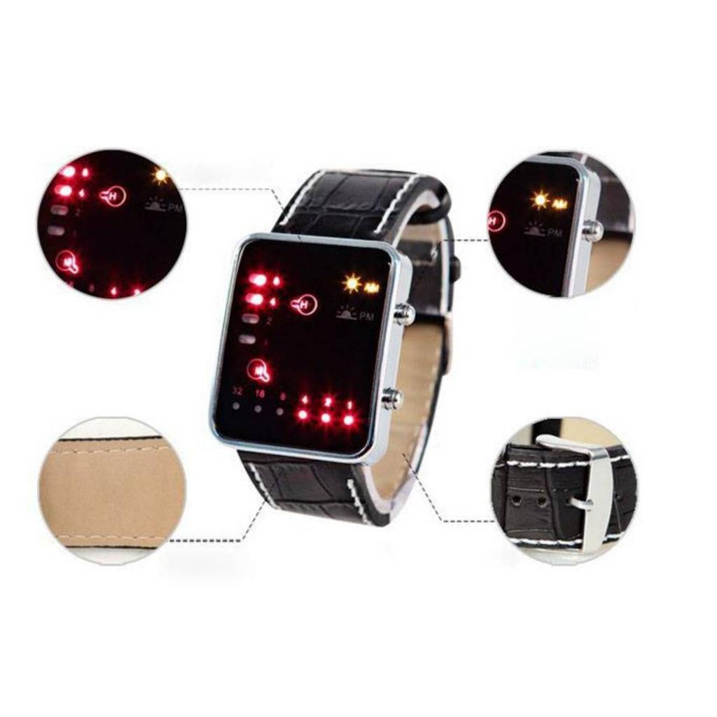 Unisex Männer Frauen Kind Mode Uhr Sport Digital Binary LED Display Faux Lederband Armbanduhr Straße