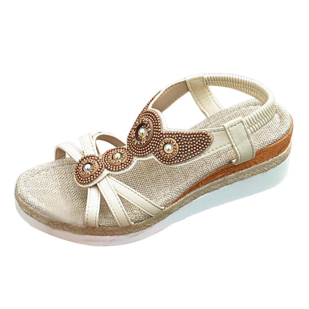 Wedge Sandals For Women Thong Women'S Thick Soled Wedge Heeled Sandals Fashionable Rhinestone Beaded Hollow Chaussure Femme