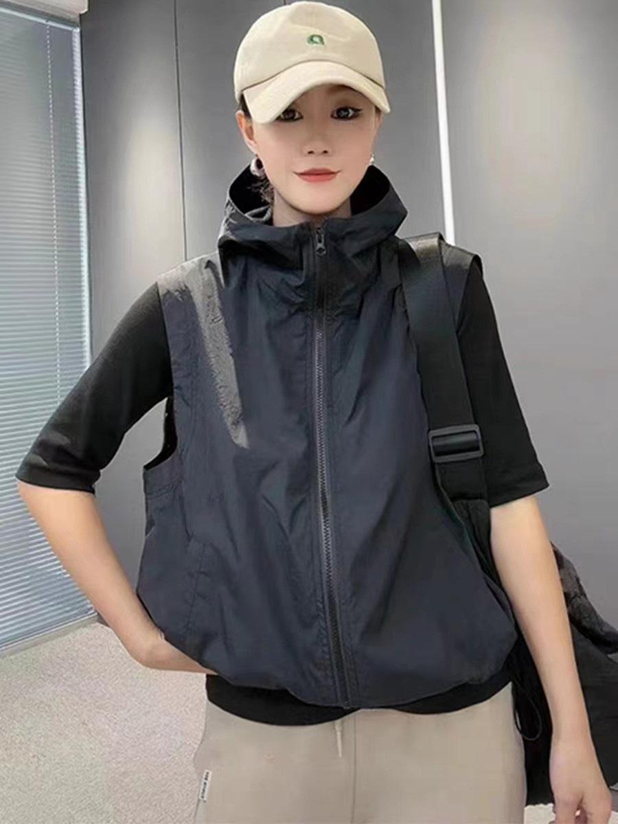 

Женский жилет-ветровка без рукавов с капюшоном - Дышащий, солнцезащитный, универсальный повседневный топ для весны/лета 2024 Large