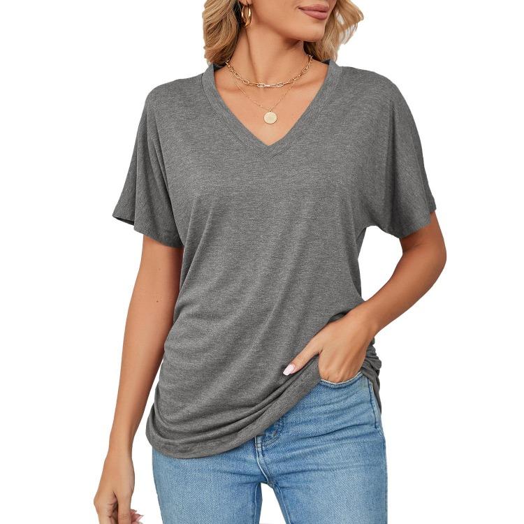 Summer New Casual V-neck Pullover Solid Color Loose T-shirt Women's Top European American