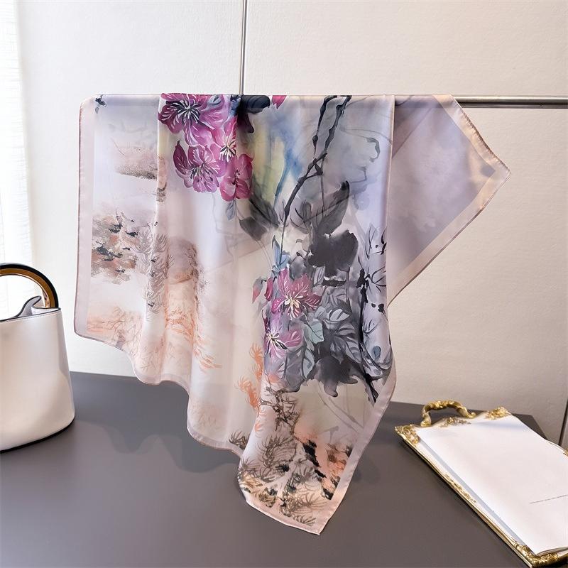 

68Cm Pink Daisy Printed Scarf Women S Autumn And Winter Polyester Fiber Scarf Versatile Warm Sun Protection Headscarf Neck Shawl