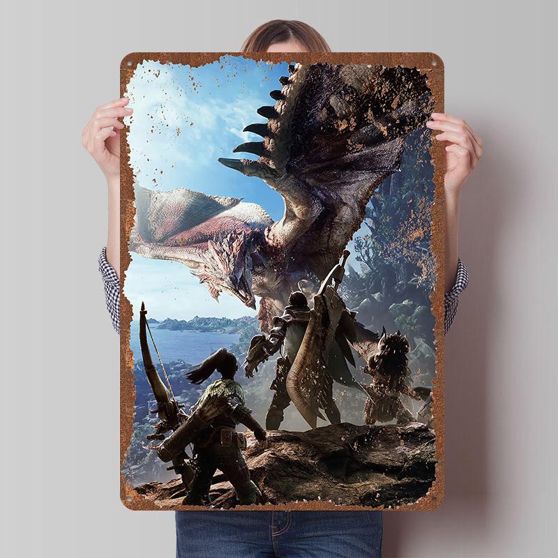 MMonster Hunter Tinplate Posters Custom Wall Art Vintage Metal Signs Retro Tin Plaque for Gaming Decoration Room Bar Accessories