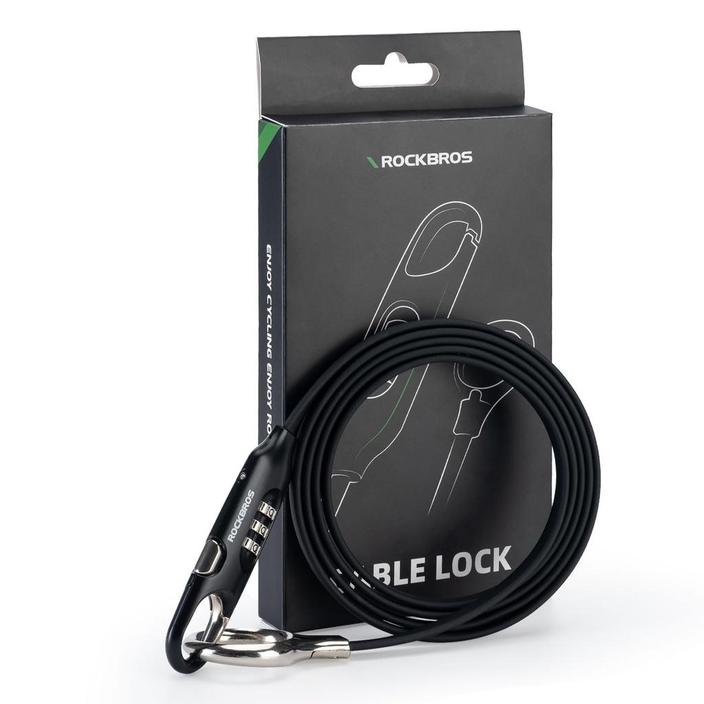 ROCKBROS Bicycle Lock Wire Lock 3-Digit Dial Combination No Key Required 150cm Earth Lock Password Change Lightweight Compact Black