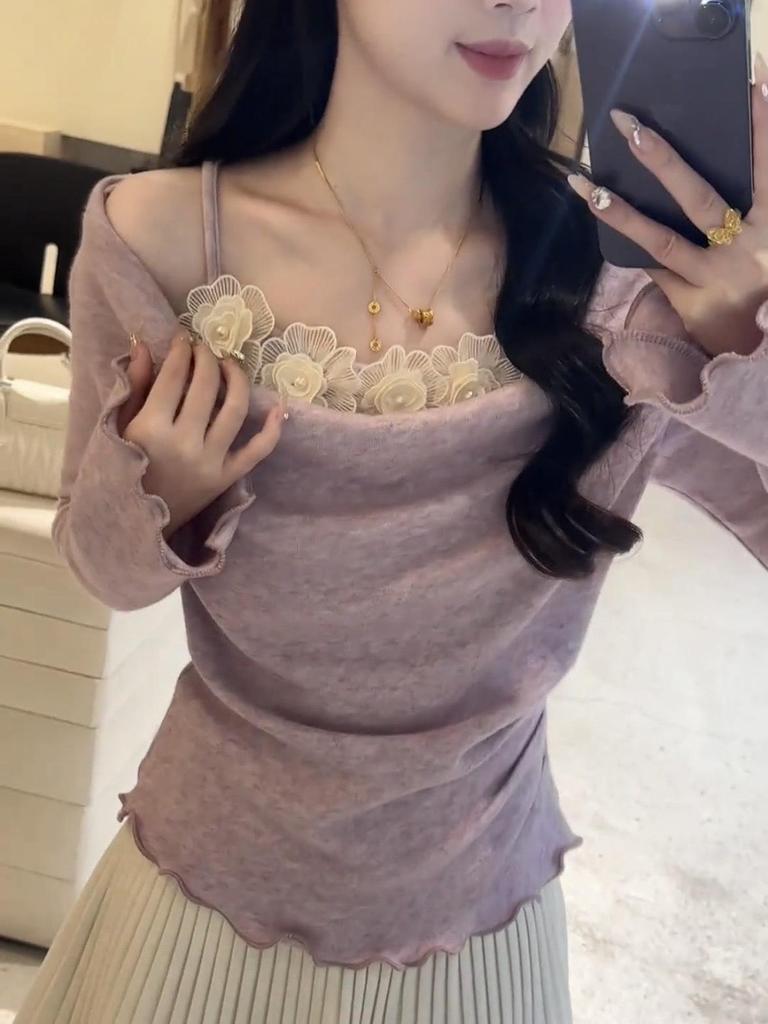 Purple Off-Shoulder Long-Sleeve Slim-Fit Knit Camisole for Women
