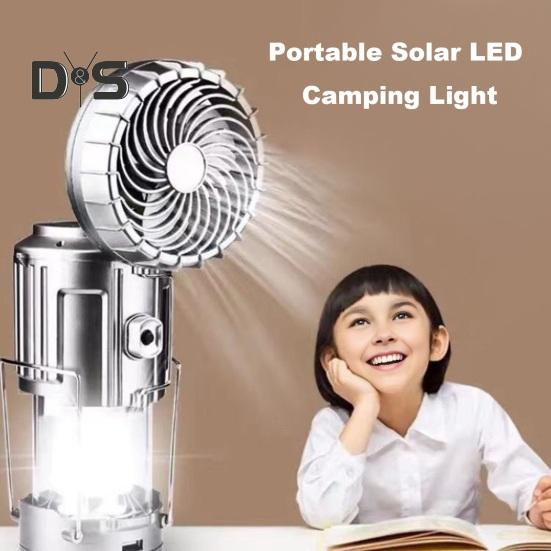 2-i-1 Viftelys Vanntett Solcelledrevet LED Campinglykt med Vifte Bærbar Oppladbar Lampe Multifunksjonell Vifte for Utendørs Camping