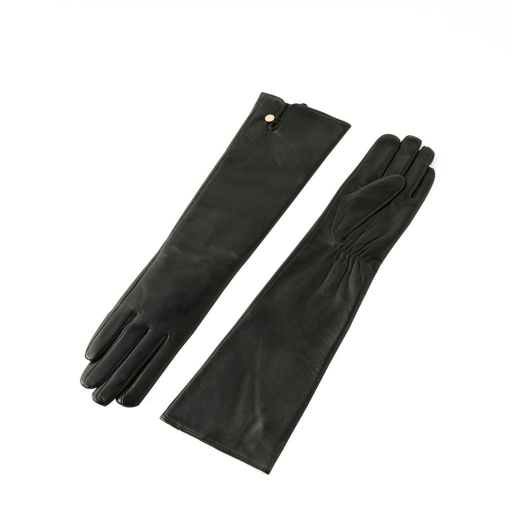 Customized 45cm Women's Long Sheepskin Leather Gloves with Fleece for Autumn and Winter Warmth.