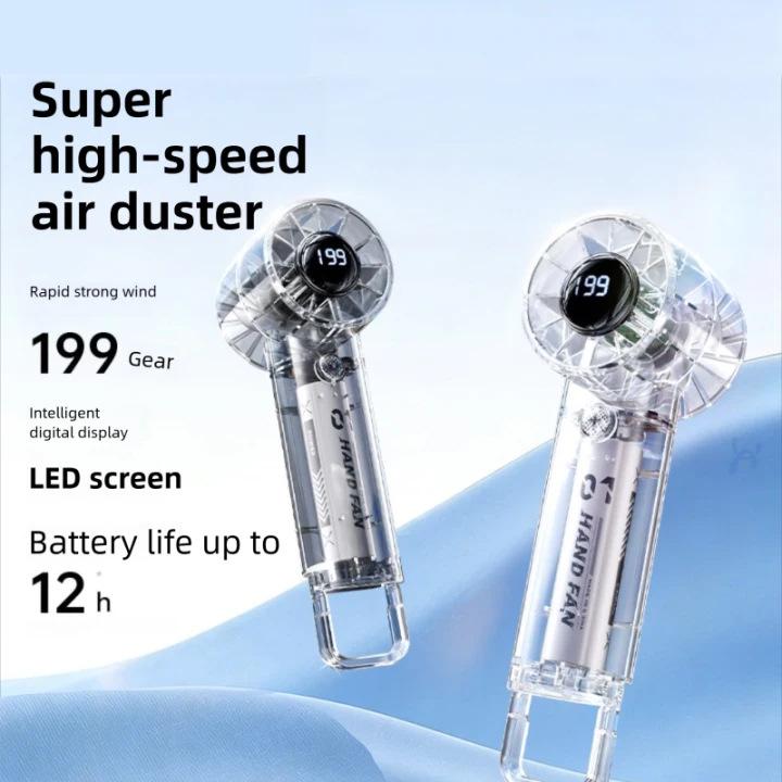 Portable USB Transparent Mini Fan with Digital Display for Office and Outdoor Cooling Ice Handheld
