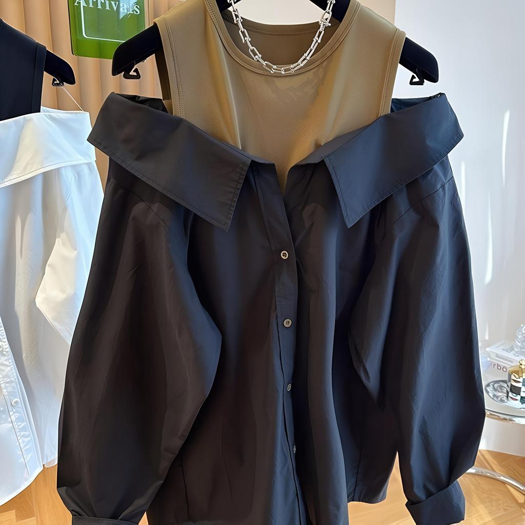 WTEMPO Autumn Off Shoulder Blouses for Women - Slim & Loose Spliced Long Sleeve Tank Top Shirt Round Neck Fashion Casual Tops